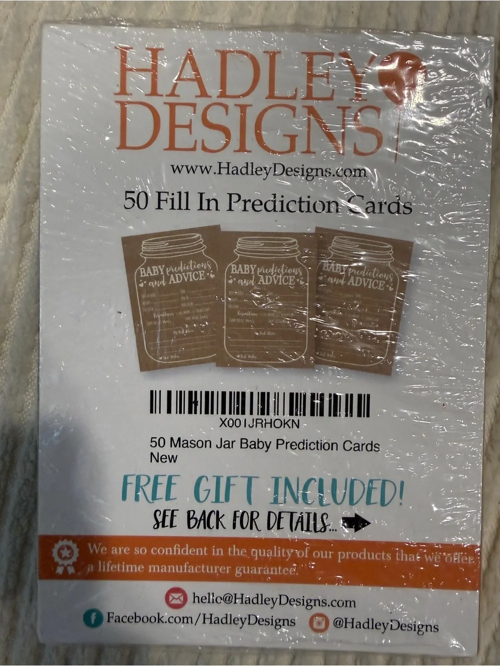 Hadley Designs Baby Shower Prediction Cards NWT Mason Jar Kraft 50 Count